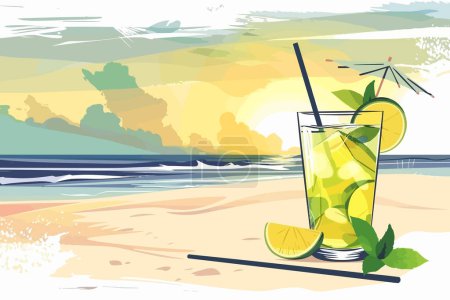 Téléchargez les illustrations : Cocktail Mojito sur une plage ensoleillée de style vectoriel isolé - en licence libre de droit