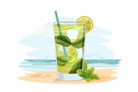Ilustración de Cóctel Mojito en una playa soleada estilo vectorial aislado - Imagen libre de derechos