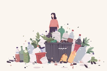 Téléchargez les illustrations : Centre de recyclage plein de déchets plastiques de style vectoriel isolé - en licence libre de droit