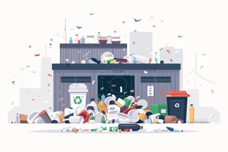 Ilustración de Centro de reciclaje lleno de residuos plásticos aislados estilo vector - Imagen libre de derechos