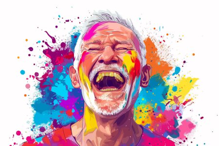 Ilustración de Hombre mayor riendo con colores Holi estilo vectorial aislado - Imagen libre de derechos