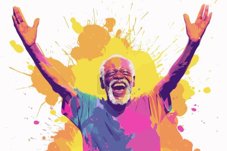 Illustration for Senior man laughing with Holi colors isolated vector style - Royalty Free Image