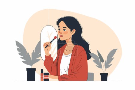 Ilustración de Mujer aplicando maquillaje en un espejo aislado estilo vectorial - Imagen libre de derechos