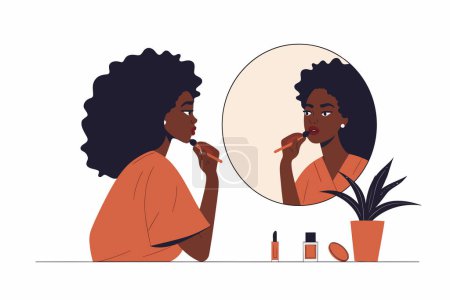 Ilustración de Mujer aplicando maquillaje en un espejo aislado estilo vectorial - Imagen libre de derechos