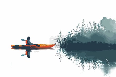 Ilustración de Mujer kayak en un lago sereno aislado estilo vectorial - Imagen libre de derechos