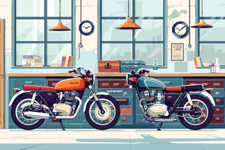 Téléchargez les illustrations : Classic motorcycles in a showroom isolated vector style - en licence libre de droit