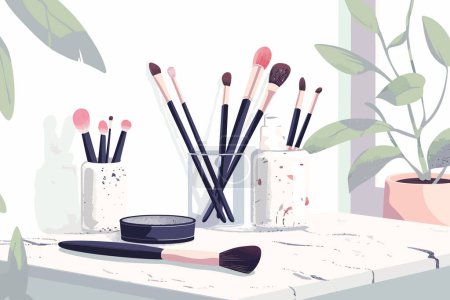 Illustration for Cosmetic brushes on a marble countertop isolated vector style - Royalty Free Image