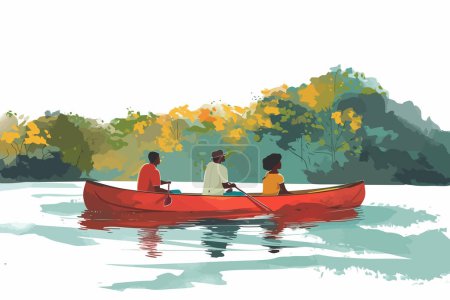 Téléchargez les illustrations : Family canoeing down a gentle river isolated vector style - en licence libre de droit