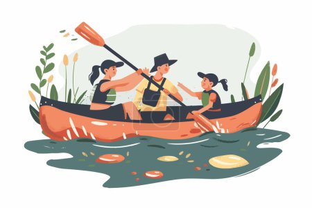 Ilustración de Familia piragüismo por un río suave aislado estilo vectorial - Imagen libre de derechos