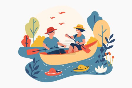 Ilustración de Familia piragüismo por un río suave aislado estilo vectorial - Imagen libre de derechos