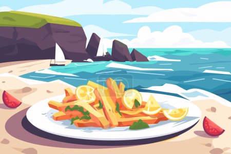 Fish and chips au bord de la mer style vectoriel isolé