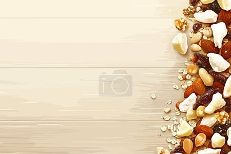 Gourmet trail mix on wooden background isolated vector style