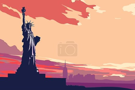 Téléchargez les illustrations : Statue emblématique de la Liberté au crépuscule style vectoriel isolé - en licence libre de droit