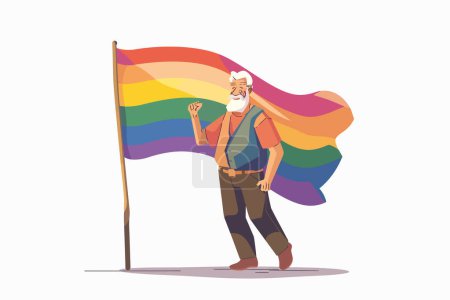 Téléchargez les illustrations : Vieil homme tenant le drapeau arc-en-ciel style vectoriel isolé - en licence libre de droit