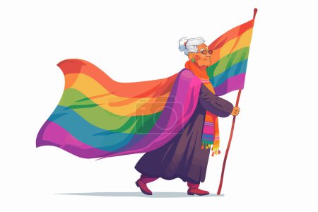 anciana sosteniendo la bandera del arco iris aislado estilo vector