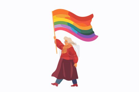 anciana sosteniendo la bandera del arco iris aislado estilo vector