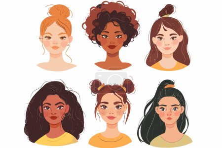 Téléchargez les illustrations : Portraits de filles avec des tons de peau uniques style vectoriel isolé - en licence libre de droit
