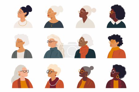 Portraits de vieilles femmes avec des tons de peau uniques style vectoriel isolé