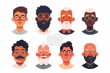 Téléchargez les illustrations : Portraits de vieux hommes avec des tons de peau uniques style vectoriel isolé - en licence libre de droit