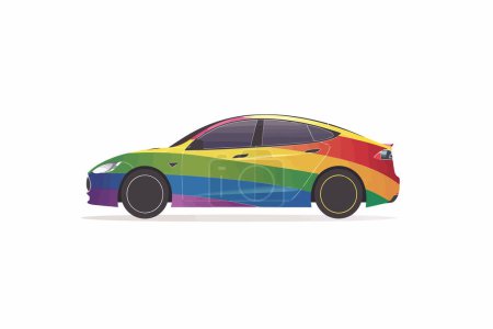 Téléchargez les illustrations : Rainbow flrag sur une voiture de style vectoriel isolé - en licence libre de droit