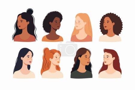 Téléchargez les illustrations : Portraits de femme avec des tons de peau uniques style vectoriel isolé - en licence libre de droit