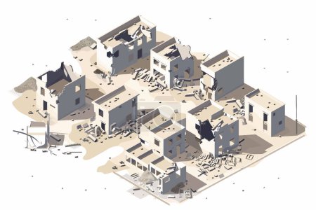 Téléchargez les illustrations : Vue aérienne de la zone urbaine détruite style vectoriel isolé - en licence libre de droit