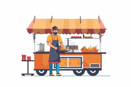 Téléchargez les illustrations : Authentique scène de préparation de la nourriture de rue style vectoriel isolé - en licence libre de droit