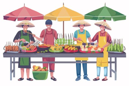 Téléchargez les illustrations : Authentique scène de préparation de la nourriture de rue style vectoriel isolé - en licence libre de droit