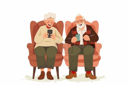 Téléchargez les illustrations : Couple âgé appel vidéo sur smartphone isolé style vectoriel - en licence libre de droit