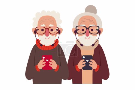 Illustration for Elderly couple video calling on smartphone isolated vector style - Royalty Free Image