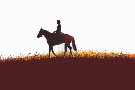 Ilustración de Elegante jinete a caballo en el paisaje rural aislado estilo vectorial - Imagen libre de derechos