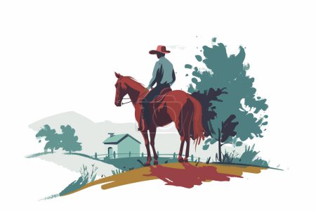 Ilustración de Elegante jinete a caballo en el paisaje rural aislado estilo vectorial - Imagen libre de derechos
