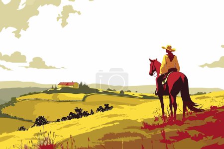 Téléchargez les illustrations : Elegant horseback rider in rural landscape isolated vector style - en licence libre de droit