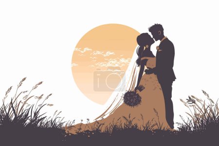 Téléchargez les illustrations : Golden heure photo de mariage avec éclairage dramatique style vectoriel isolé - en licence libre de droit