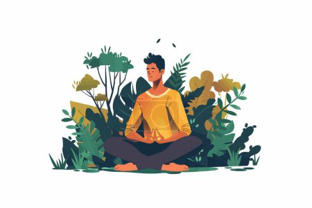 Illustration for Man meditating in serene forest location isolated vector style - Royalty Free Image