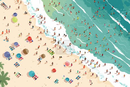 Téléchargez les illustrations : Vue aérienne d'une plage bondée de style vectoriel isolé - en licence libre de droit