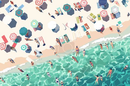 Téléchargez les illustrations : Vue aérienne d'une plage bondée de style vectoriel isolé - en licence libre de droit