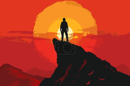 Homme silhouetté au sommet de la montagne au coucher du soleil style vectoriel isolé