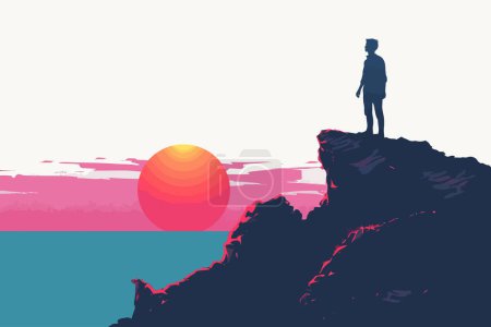 Téléchargez les illustrations : Homme silhouetté au sommet de la montagne au coucher du soleil style vectoriel isolé - en licence libre de droit