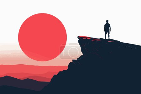 Téléchargez les illustrations : Homme silhouetté au sommet de la montagne au coucher du soleil style vectoriel isolé - en licence libre de droit