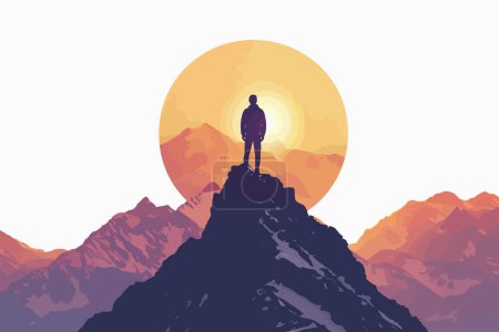 Homme silhouetté au sommet de la montagne au coucher du soleil style vectoriel isolé