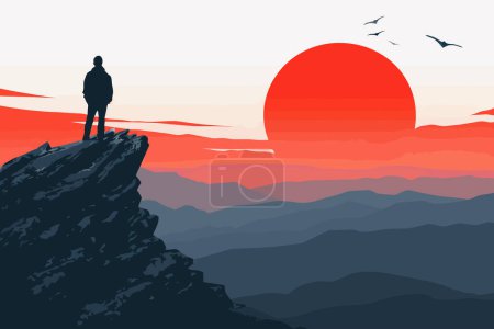 Illustration for Silhouetted man on mountaintop at sunset isolated vector style - Royalty Free Image