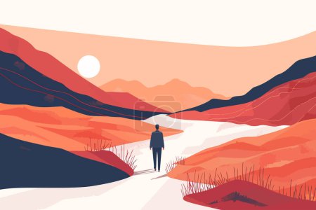 Illustration for Solitary figure in vast landscape isolated vector style - Royalty Free Image