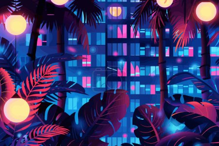 Illustration for Urban jungle illuminated by neon lights isolated vector style - Royalty Free Image