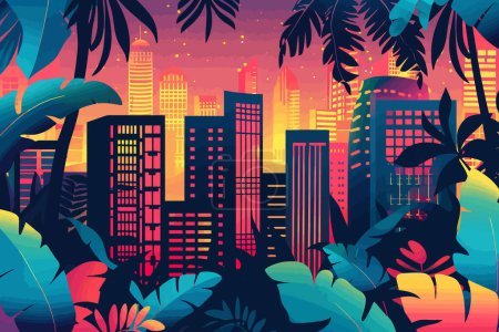 Téléchargez les illustrations : Jungle urbaine éclairée par des néons isolés de style vectoriel - en licence libre de droit