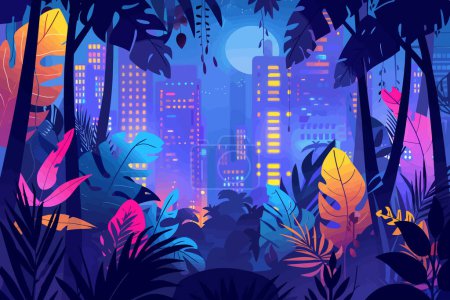 Ilustración de Selva urbana iluminada por luces de neón estilo vectorial aislado - Imagen libre de derechos