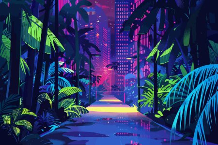 Ilustración de Selva urbana iluminada por luces de neón estilo vectorial aislado - Imagen libre de derechos