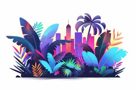 Téléchargez les illustrations : Jungle urbaine éclairée par des néons isolés de style vectoriel - en licence libre de droit