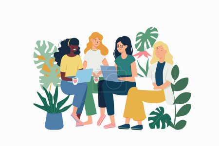 inclusive group of women sitting together with laptop isolated vector style