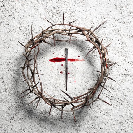 Photo for Crown Of Thorns On Arid Dirt Floor With Cross Made Of Blood And Nail - The Crucifixion Of Jesus Christ - Royalty Free Image